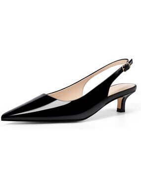 Women's Black Kitten Heel Slingback Pointed Closed Toe Ankle Strap Elegant Shoes